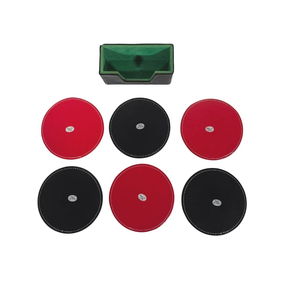 Set of 6 Poker‎ Card Suit Coasters with Black Holder Red Black faux Leather